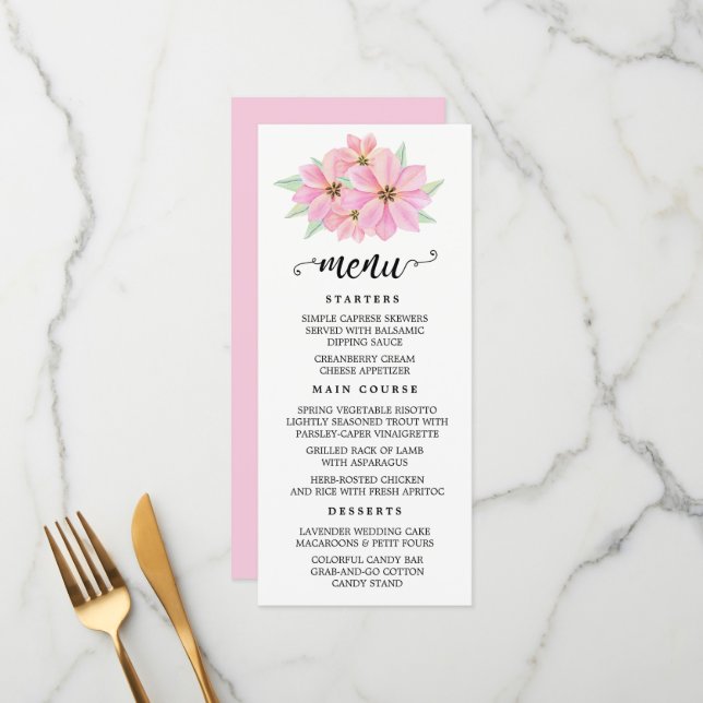 Menu Casamento de Tulipas de Aquarela Rosa (Frente/Verso In Situ)