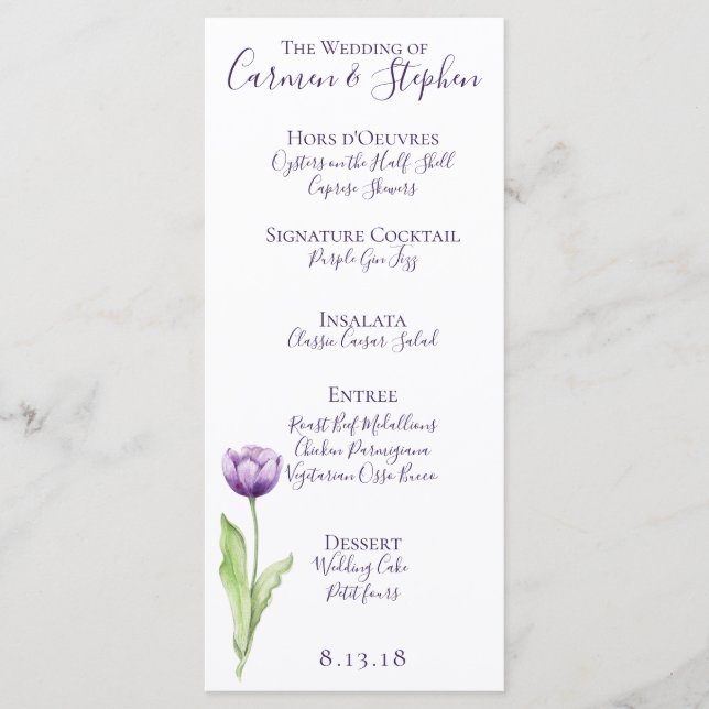 Menu Casamento de Tulipas de Solteiro Roxo Minimalista (Frente)