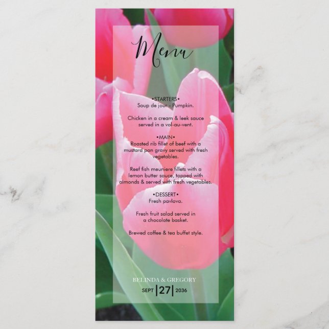 Menu Casamento de Tulipas Rosa Elegantes (Frente)