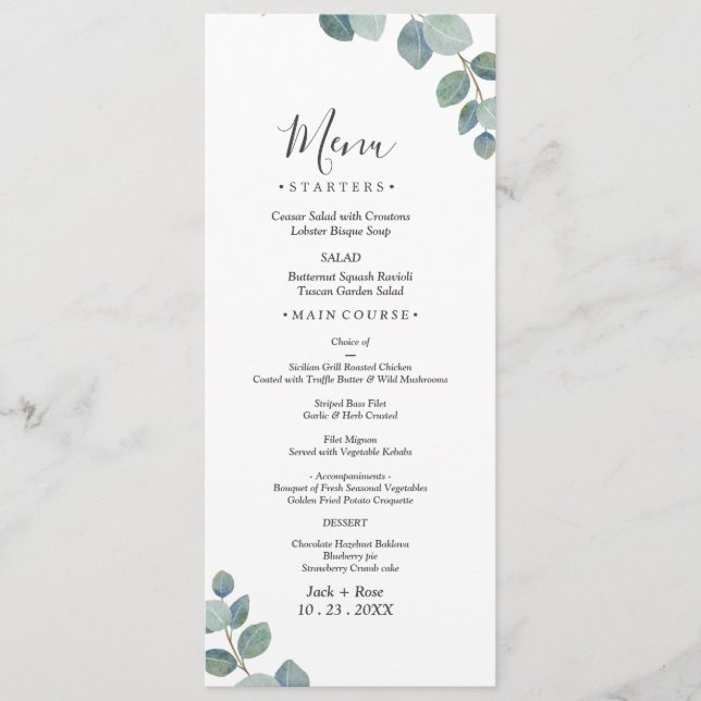 Menu Casamento de Verão de Eucalyptus Greenery Rustic. (Frente)