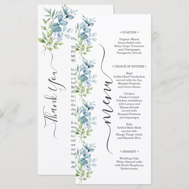Menu Casamento de Verde Eucalipto com Aquarela Moderna (Frente/Verso)