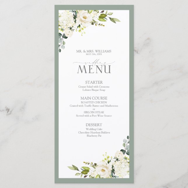 Menu Casamento de Vidraça Floral Verde da Cinza Branca  (Frente)