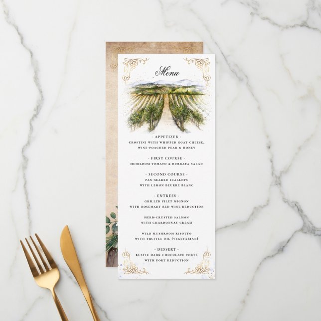 Menu Casamento de Vinha Elegante Rustic Watercolor (Frente/Verso In Situ)