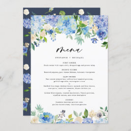 Menu Casamento de Watercolor Blue Hydrangea Garland