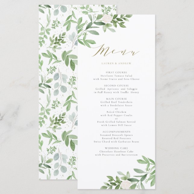 Menu Casamento de Watercolor Greenery and White Flowers (Frente/Verso)