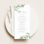 Menu Casamento de Watercolor Greenery and White Flowers<br><div class="desc">Elevem seu evento com nosso cartão de menu personalizável, projetado lindamente com uma delicada cor d'água verde e flores brancas macios. Este cartão de menu elegante apresenta um design frontal inspirado na natureza, enquanto o verso apresenta um padrão correspondente para um aspecto coeso. Este cartão verde é perfeito para casamentos,...</div>