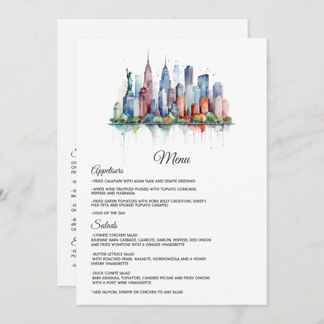 Menu Casamento de Watercolor New York (Frente/Verso)