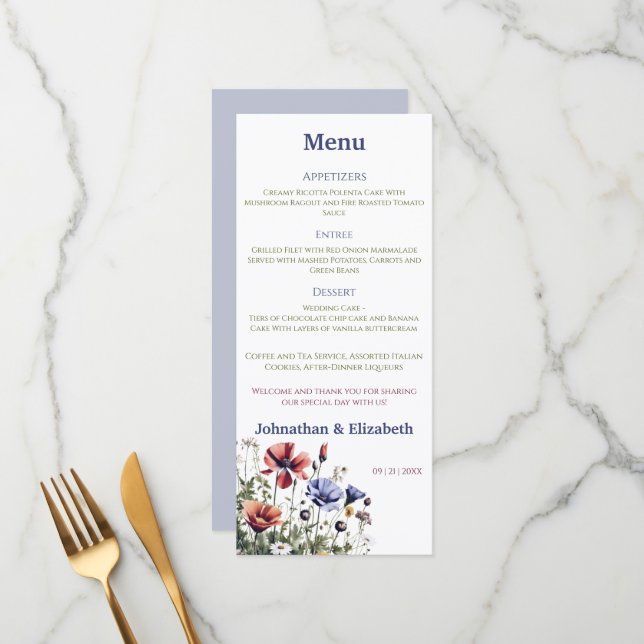Menu Casamento de Watercolor Wildflower (Frente/Verso In Situ)