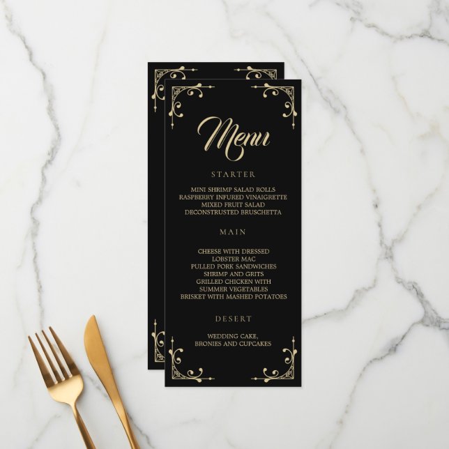 Menu Casamento Deco Dourado Retro Negro Elegante (Frente/Verso In Situ)