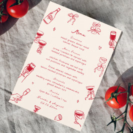 Menu Casamento Desenhado de Mão Branca Vermelha