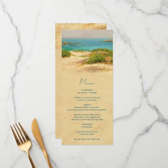 Menu Casamento Destino à Beira-Mar com Aquarela (Frente/Verso In Situ)