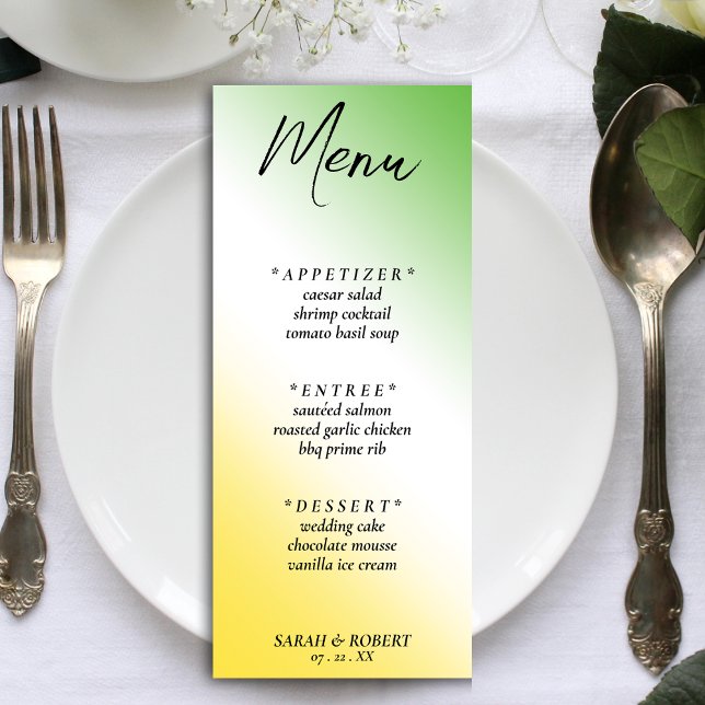 Menu Casamento Diagonal jamaicano Verde Branco e Dourad (Green White & Gold Jamaican Diagonal Ombre Wedding Menu)