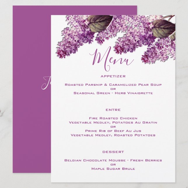 Menu Casamento do Jardim Lilac Primavera (Frente/Verso)