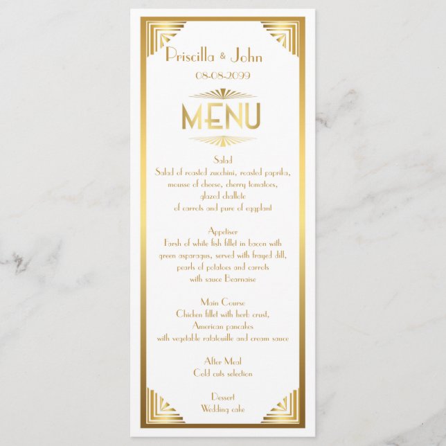 Menu Casamento do menu, reunião do menu, grande Gatsby, (Frente)
