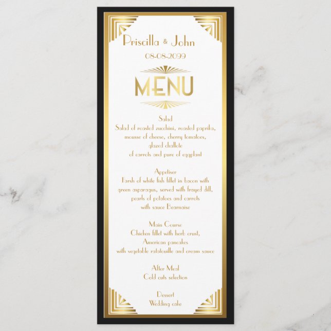 Menu Casamento do menu, reunião do menu, grande Gatsby, (Frente)