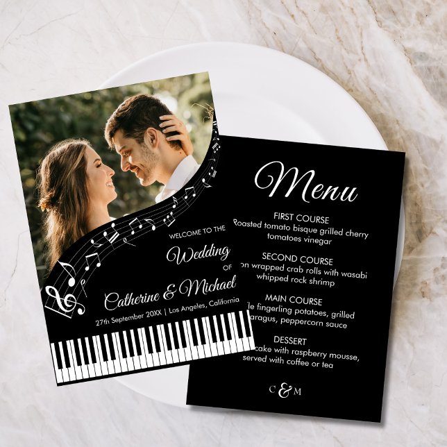 Menu Casamento do Monograma de Foto Branca e Preta (Top view vintage music keyboard musical with harmonic love classic melody wedding menu)