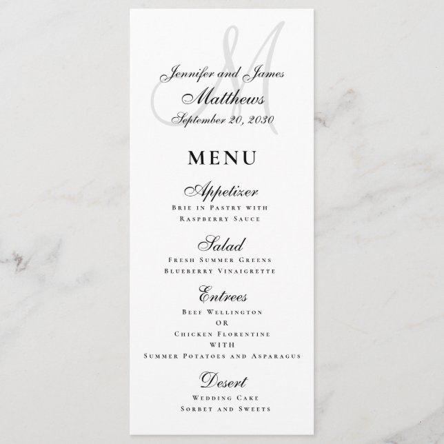 Menu Casamento do Monograma do Script Branco Preto Eleg (Frente)