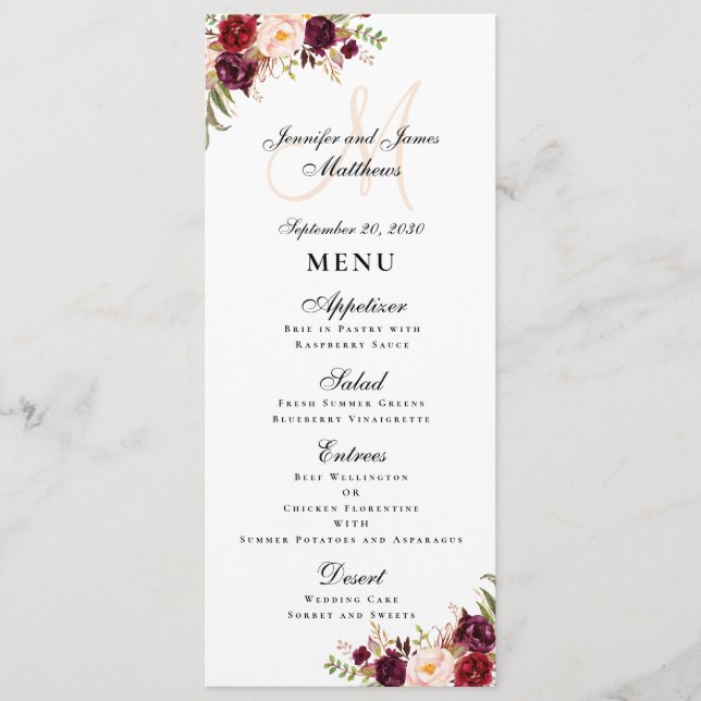 Menu Casamento do Monograma do Script Floral Blush Burg (Frente)