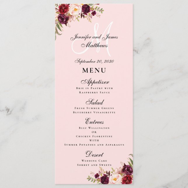 Menu Casamento do Monograma do Script Rosa Blush Floral (Frente)