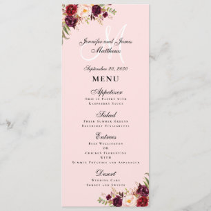 Menu Casamento do Monograma do Script Rosa Blush Floral