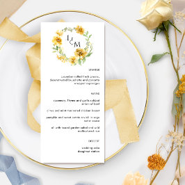 Menu Casamento do Monograma Floral Amarelo Elegante