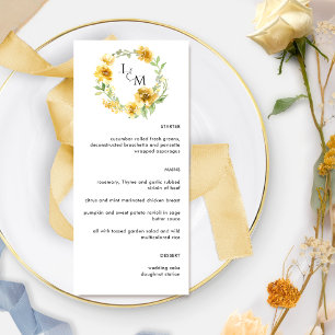 Menu Casamento do Monograma Floral Amarelo Elegante