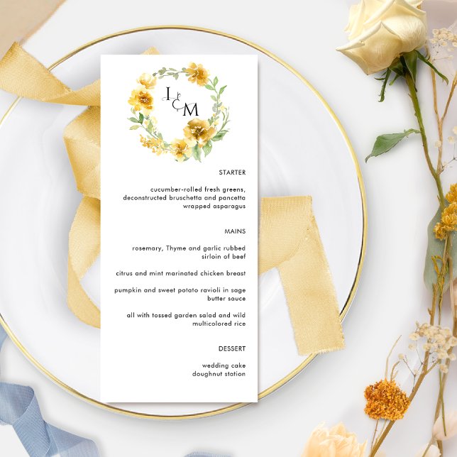 Menu Casamento do Monograma Floral Amarelo Elegante (Criador carregado)