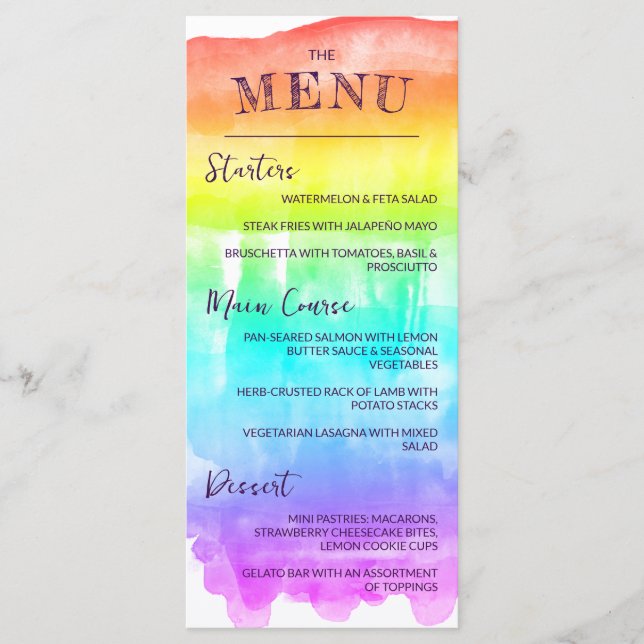 Menu Casamento do Rainbow Watercolor Wash LGBTQ (Frente)