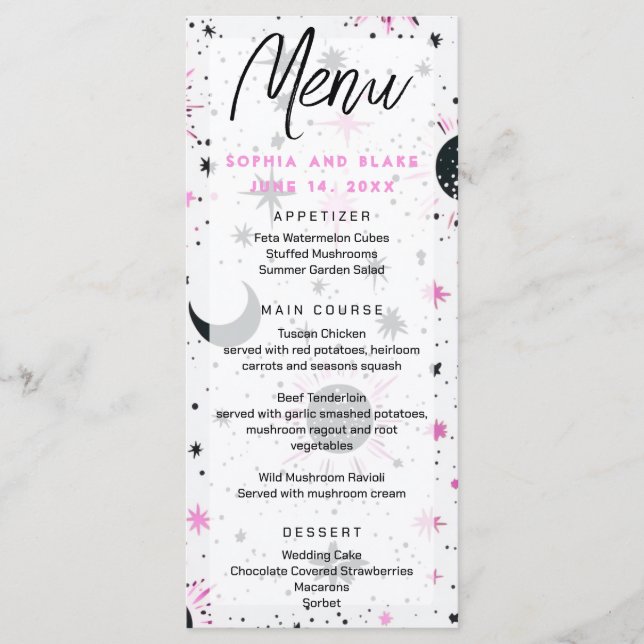 Menu Casamento do Sol Lua Estrelas Celestiais Preto e R (Frente)