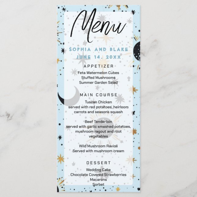 Menu Casamento do Sol Lua Estrelas Ouro Preto Celestial (Frente)