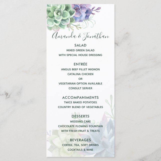 Menu Casamento do Succulents Cactus Watercolor (Frente)