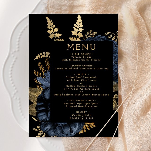 Menu Casamento Dourado Azul Marinho Floral Escuro (Criador carregado)