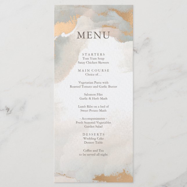 Menu Casamento Dourado com Abstrato de Aquarela Moderna (Frente)