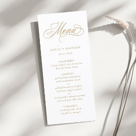Menu Casamento Dourado com Caligrafia Romântica Suave