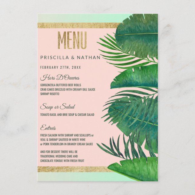 Menu Casamento Dourado com folhas tropicais Banana Leaf (Frente)