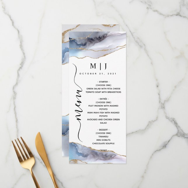 Menu Casamento Dourado com Glitter e Agata Azul Marinho (Frente/Verso In Situ)