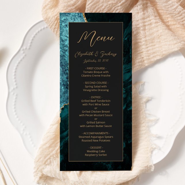 Menu Casamento Dourado de Agata Azul-Teal Moderno Escur (Criador carregado)