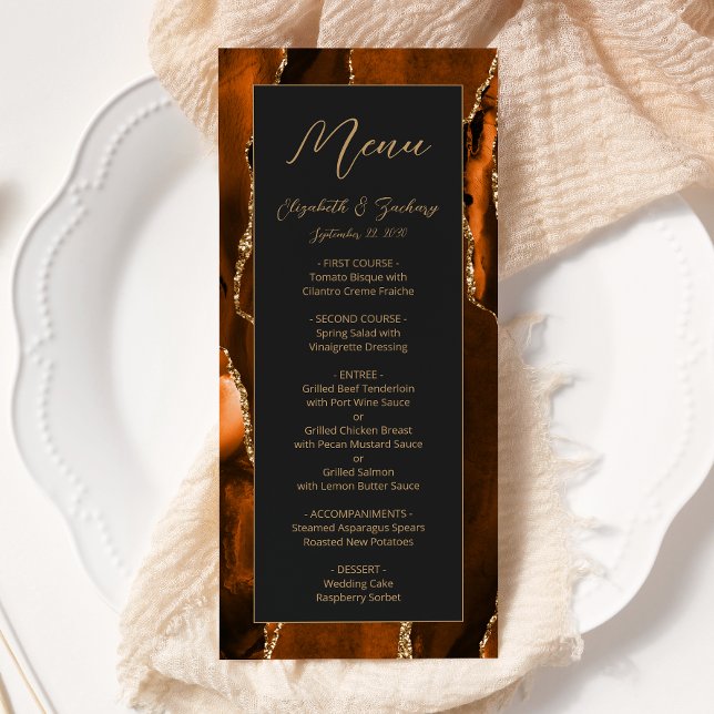 Menu Casamento Dourado de Agate Laranja Moderno Queimad (Criador carregado)