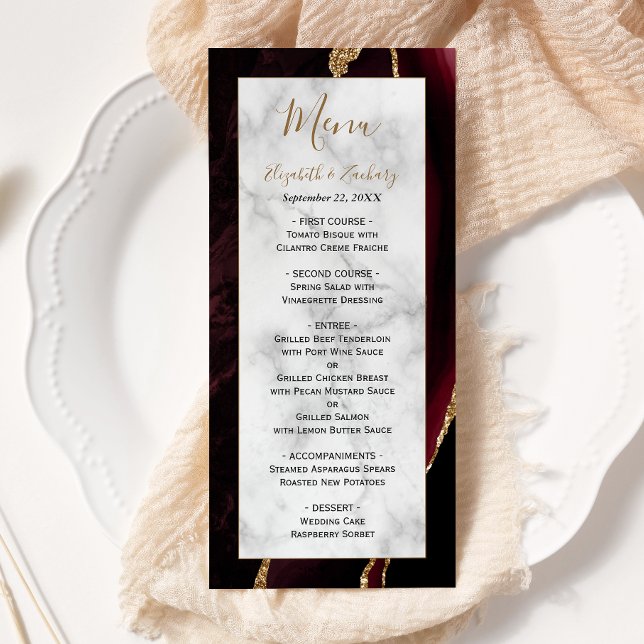 Menu Casamento Dourado de Agate Marble, Moderno Burgund (Criador carregado)