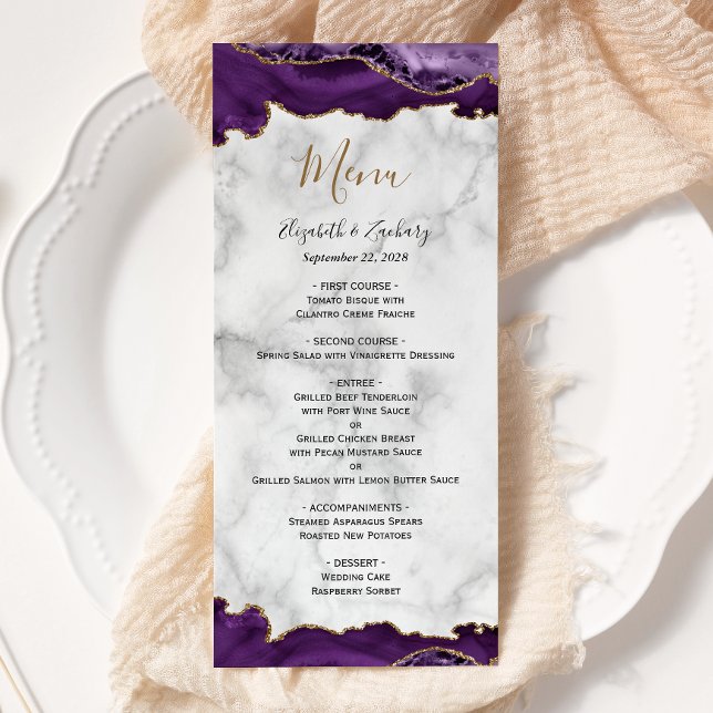 Menu Casamento Dourado de Agate Roxo Elegante (Criador carregado)