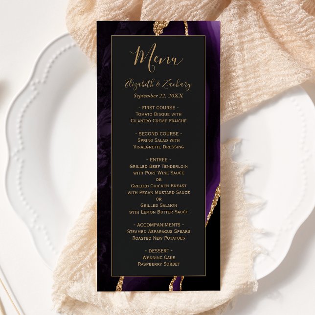 Menu Casamento Dourado de Agate Roxo Moderno Escuro (Criador carregado)