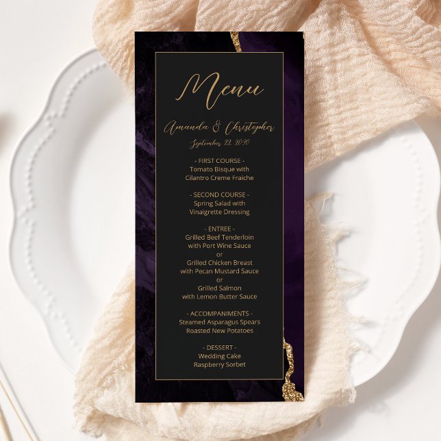 Menu Casamento Dourado de Agate Roxo Moderno Escuro (Criador carregado)