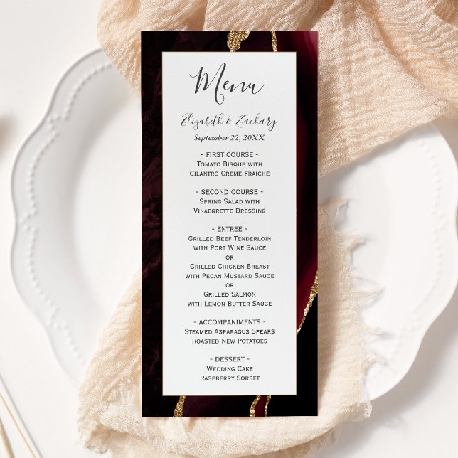 Menu Casamento Dourado de Agatos Moderno Burgundy (Criador carregado)