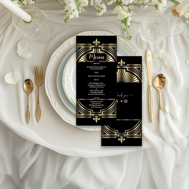 Menu Casamento Dourado de Arte Negra Deco Roaring 20 (Criador carregado)
