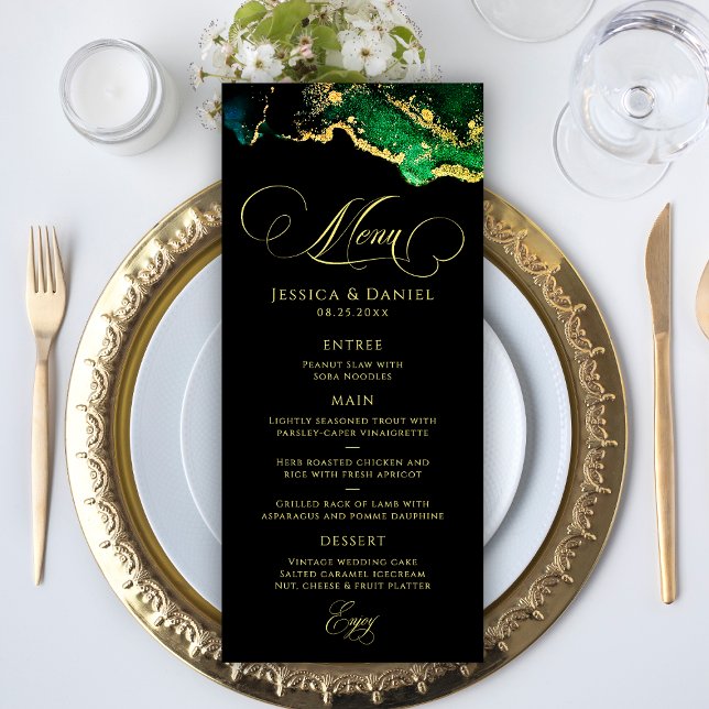 Menu Casamento Dourado de Bronze Preto e Negra (Stunning Black Green Bronze Gold Wedding Menu)