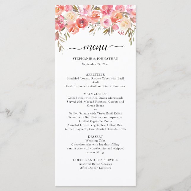 Menu Casamento Dourado de Cor Flórida de Pêssego Rosa E (Frente)