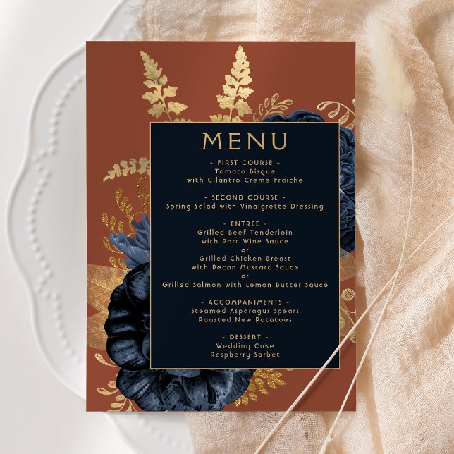 Menu Casamento Dourado de ferrugem azul de Marinho Flor (Criador carregado)
