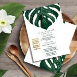 Menu Casamento Dourado de folha de queijo suíço tropica<br><div class="desc">Folha monstera de queijo suíço elegante, moderno e simples, verde-aquoso, cor tropical, em fundo branco, com cartazes de cardápio de recepção de casamento de verão com folhas falsas impressas em folha de papel dourado. Este design clássico e sofisticado é perfeito para a recepção de casamento clássica, na moda e de...</div>