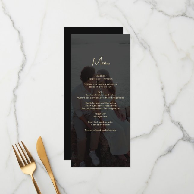 Menu Casamento Dourado de Foto em Branco Moderno (Frente/Verso In Situ)
