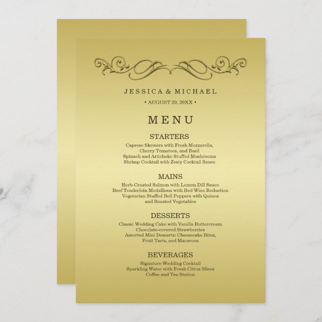 Menu Casamento Dourado de luxo elegante (Frente/Verso)